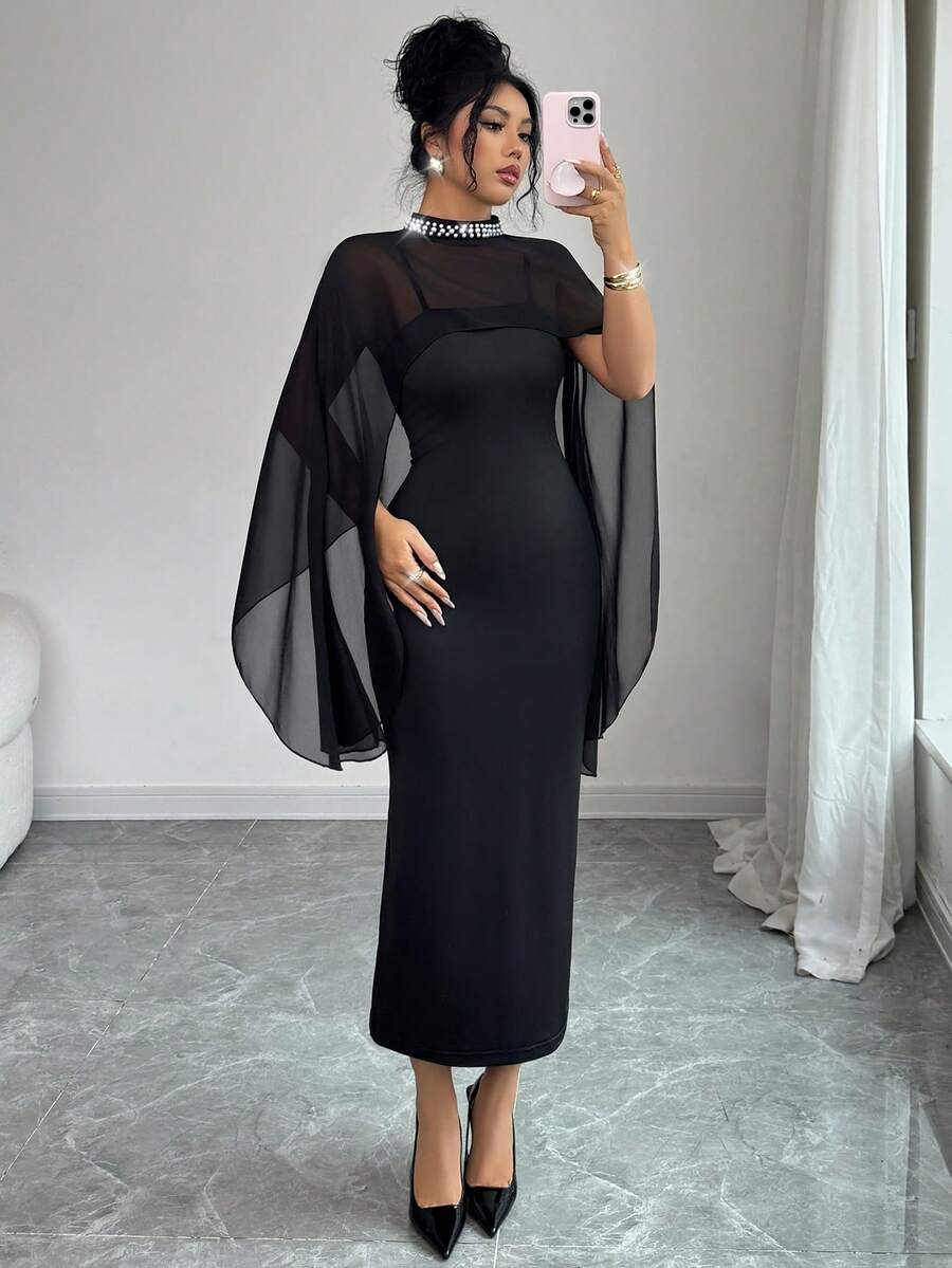 Elenzga 女士春秋新款雪纺披肩领连衣裙，饰以优雅珍珠。 - 黑色 - 查看 1