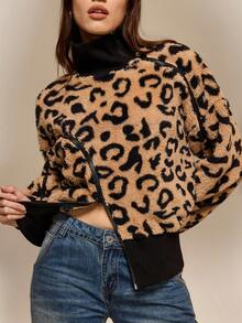 Hanevo Casual Leopard Print Zip-Up Turtleneck Sweatshirt, Autumn/Winter - Multicolor - View 3