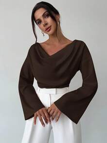 SHEIN PETITE CURVE Plus Size Women's Solid Color Draped Collar Flare Sleeve Pleated Fitted Blouse, Spring/Autumn,Spring Top,Valentine Outfits For Women,Weddings & Events,Elegant Women's Blouses,Casual Outfit For Women, - Brown - View 6