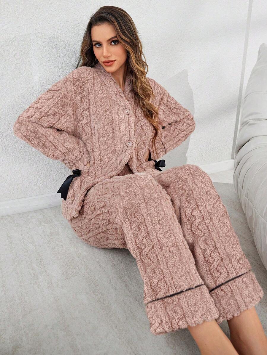 Women's Pocket Bow Decor Jacquard Fleece Top And Pants Fluffy Pajama Set, Fall Winter Clothes, Cozy