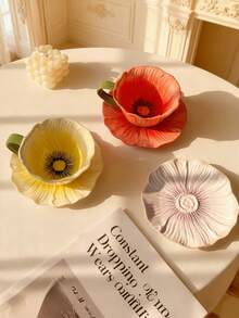 1 Set Ceramic Floral Coffee Cup (Cup + Saucer), Creative Floral Water Cup For Women, High-End Handpainted Afternoon Tea Cup And Saucer, A Cup Of Coffee, Possible, Summer, Sea, Cup, Red, Red, Pink - 彩色 - 查看 5