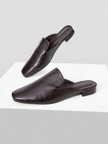 MOTF 欧美新款时尚高品质PU皮革石纹方头半拖低跟鞋，咖啡棕色，百搭优雅，舒适透气，简约大方平底鞋 - 咖啡棕 - 查看 9