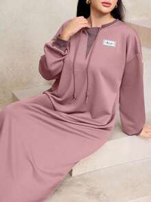 Modelyn Casual Drawstring Decor Loose Fit Crew Neck Long Sweatshirt For Women, Plus Size, Brown, Autumn/Winter - Pink - View 4