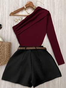 Airaco 女士褶裥单肩长袖上衣和短裤套装，时尚百搭，休闲通勤装扮 - 玫紅色 - 查看 2