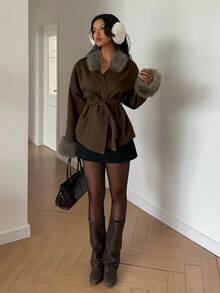 SHEIN EZwear Women's Fashionable Fuzzy Patchwork Wool Blend Jacket, Autumn/Winter - Coffee Brown - View 6