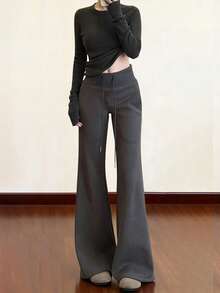 INAWLY B302: American Style Grey Suede Flared Pants - Dark Grey - View 1