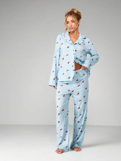 MISSGUIDED Cozy Button Front Pajama Set With Croissant Print Long Sleeve Top And Matching Pants For Comfortable Sleepwear And Loungewear