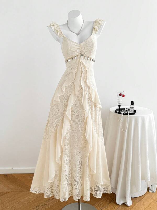 Comfortcana Women's Floral Lace Sweetheart Neck Cap Sleeve Elegant Lace Dress