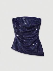 SHEIN EZwear 女士派对亮片装饰抹胸上衣，宝石蓝 - 藏蓝色 - 查看 2