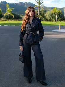 Hitanina Women's Lapel Jacket And Loose Fit Jeans Set - Blue - View 1