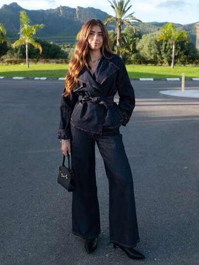 Hitanina Women's Lapel Jacket And Loose Fit Jeans Set