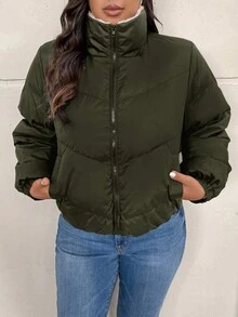 SHEIN Frenchy 大码女式休闲日常通勤多功能保暖拉链羽绒服，秋冬季 - 軍綠色 - 查看 4