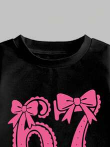2pcs/Set Baby Girls Casual Fashion T-Shirt & Leggings Set, Bow & Digit 67 Pattern, Loose Round Neck Short Sleeve Tee And Pants, Comfortable Outfit For Spring/Summer, Suitable For Outdoor, Casual, School, Party, Gift - Black - View 5