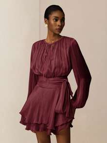 Vesra Apricot Color Tie-Up Long Sleeve Ruffle Hem Design Women's Short Dress - Dark Red - View 4