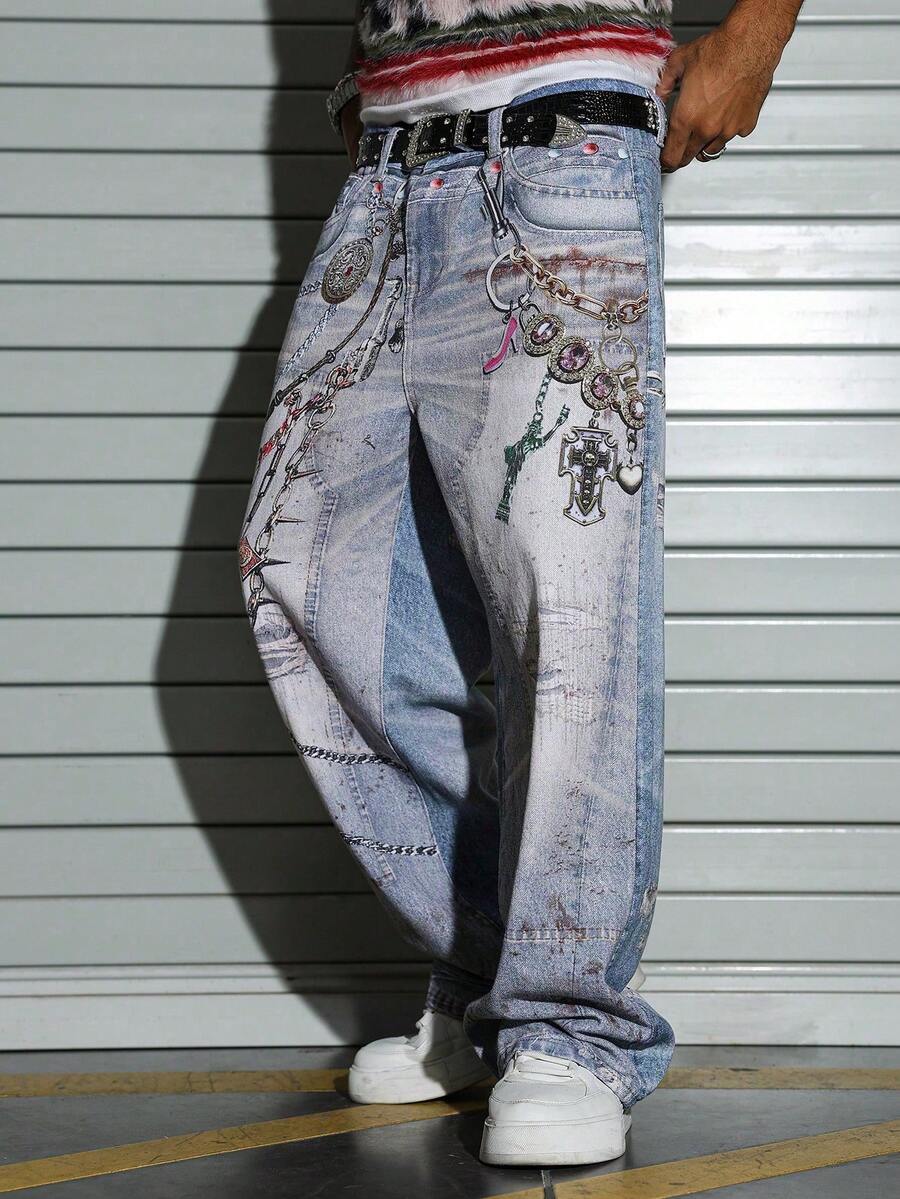 PAVTROS Jeans rectos con estampado digital 3D falso de moda para hombres - Azul - Ver 1