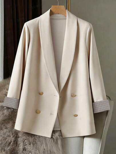 Franclia 时尚休闲百搭商务宽松杏色袖口拼接格纹金属纽扣装饰女士秋冬短款领长袖西装外套