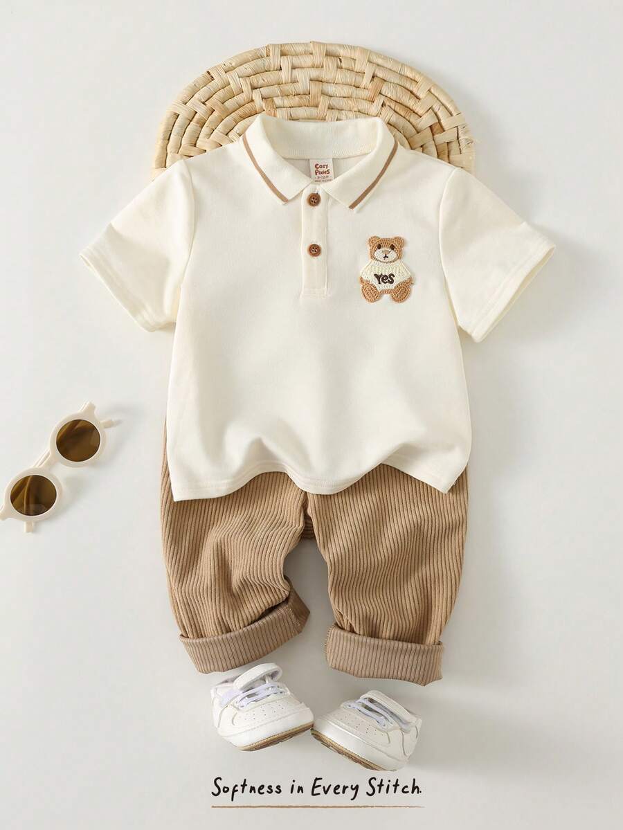 Cozy Pixies 2件套男婴卡通熊图案翻领长袖半拉链套头卫衣和纯色松紧腰裤套装 - 卡其色 - 查看 1
