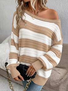 EMERY ROSE Women's Casual Off-Shoulder Sweater, Suitable For Autumn/Winter, Striped Print,Sweaters For Women - Multicolor - View 3