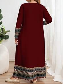 EMERY ROSE Casual Geometric Print Bohemian Style Plus Size Long Sleeve Crew Neck Dress, Suitable For ,Spring/Summer/Vacation - Multicolor - View 2