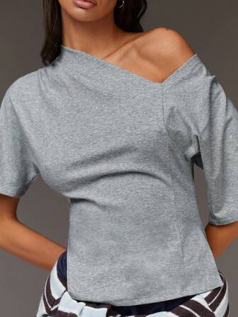 Athîral 女士休闲不对称短袖开衩下摆灰色T恤，春季款