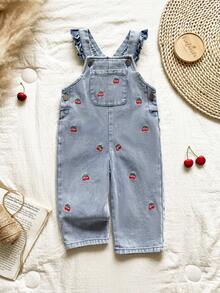 SHEIN Vintaside Kids 1件女婴蓝色牛仔休闲可爱刺绣花卉吊带连体裤，适合外出和派对穿着 - 藍色 - 查看 4