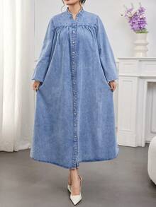 Modelyn Đầm dài tay dài màu xanh denim cỡ lớn cho nữ - Rửa trung bình - Xem 5