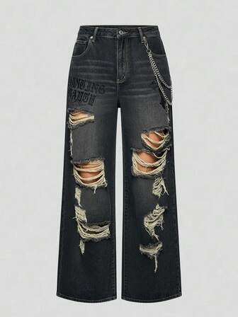 Grunge Punk Jeans larghi vintage lavati e consumati con patchwork punk, taglie comode
