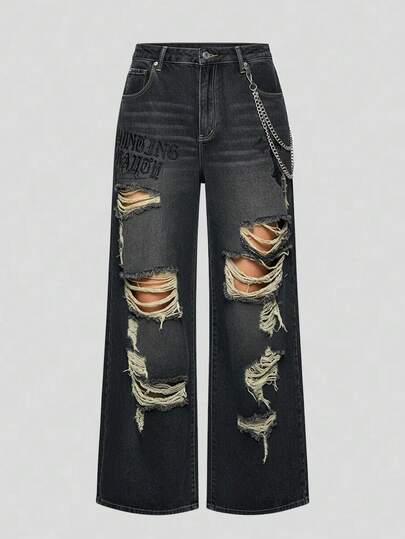 Grunge Punk Jeans larghi vintage lavati e consumati con patchwork punk, taglie comode