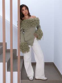 Hitanina 纹理蓬松针织露肩毛衣节日不对称肩上衣秋季秋冬日常圣诞节工作办公室 - 薄荷綠 - 查看 5