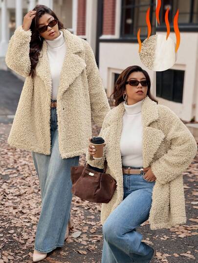 Vionelle Plus Size Fashion Solid Casual Long Sleeve Flip Collar Quilted Faux Teddy Fleece Jacket For Women Winter Autumn Fall