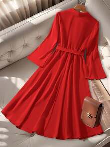 GlowEve CURVE Vestido Elegante Feminino com Cintura Marcada e Manga Flare, Adequado para Uso Diário, Negócios, Encontro Romântico Francês, Festa, Natal, Manga Longa Vermelha - Vermelho - Visão 2