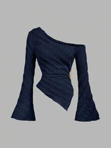 Sweetra Solid Color Flare Sleeve Slim Fit T-Shirt - Navy Blue - View 3