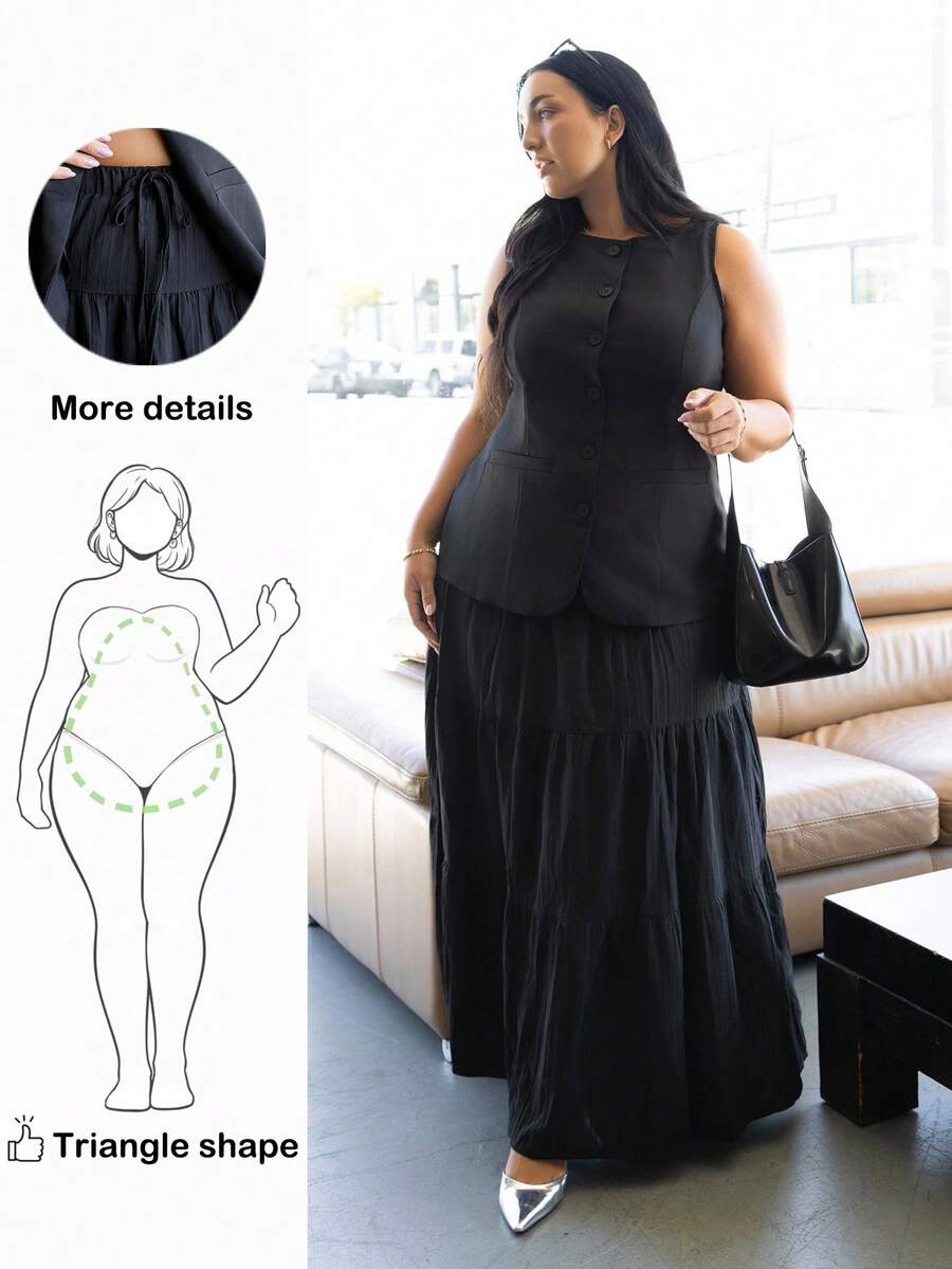 Truni Chân váy chữ A cạp chun rộng rãi, có viền xếp nếp cỡ lớn - màu đen - Xem 1