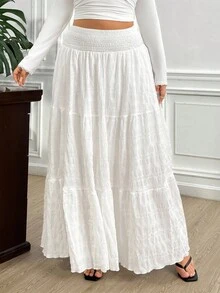 Truni Elyhuante_03 Plus Size Solid Color Drawstring Waist Skirt, Casual For Spring & Summer, For Pear Triangle Body Shape - White - View 5