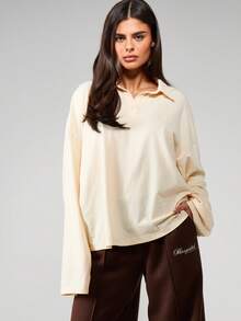 MISSGUIDED 宽松长袖橄榄球领Polo衫，纽扣闭合，秋冬学院风衬衫，休闲宽松版型 - 淡黃色 - 查看 5
