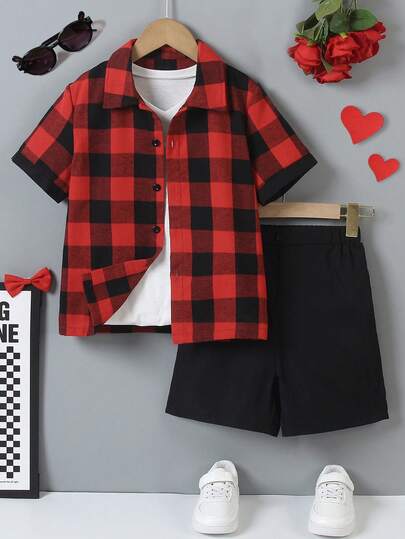 两件套男童情人节套装 - 红黑格子短袖衬衫 + 短裤/长裤，优雅时尚，适合日常穿着、上学、外出、情人节等场合。