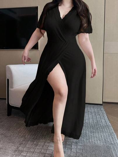 Dazy Plus 大码女士撞色蕾丝优雅中长睡裙