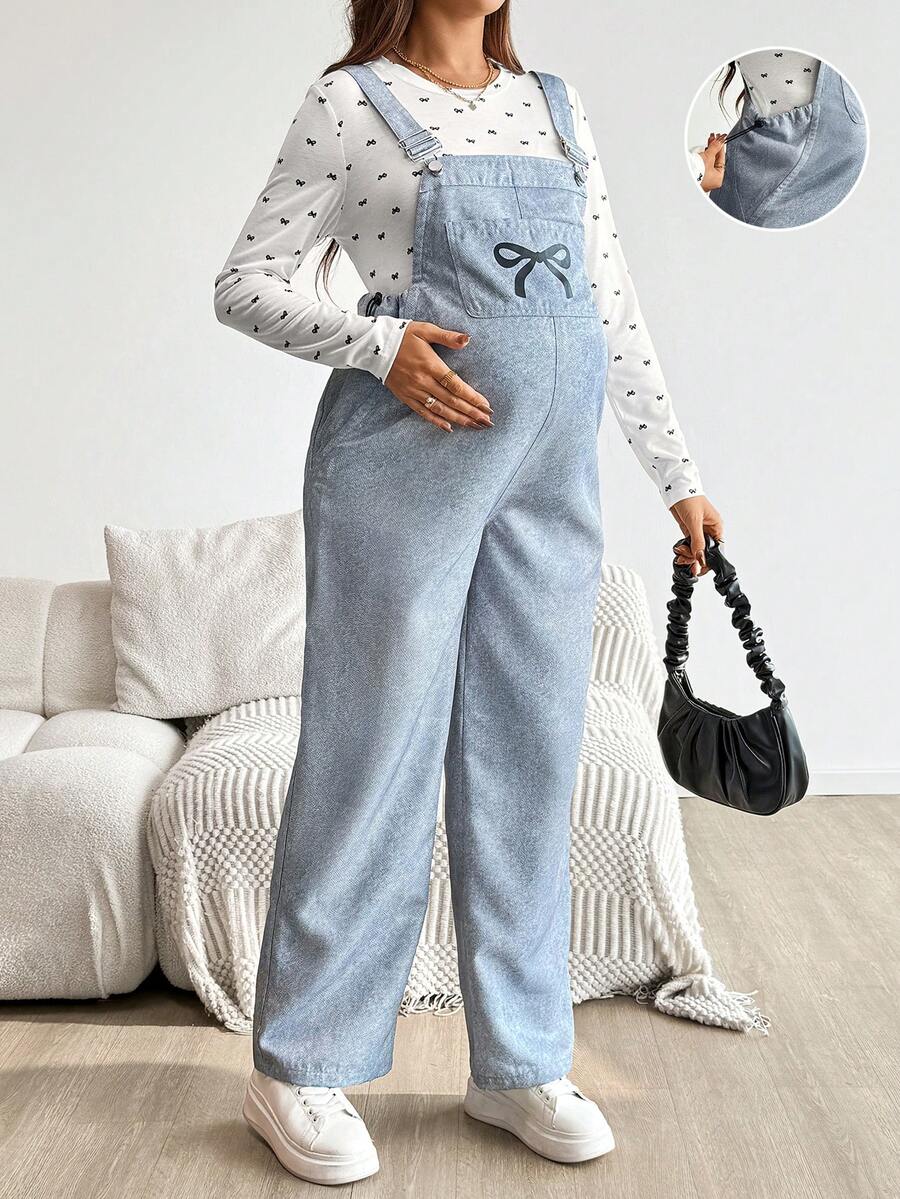 SHEIN 2件套孕妇休闲/办公室蝴蝶印花长袖上衣和背带裤套装 - 藍色 - 查看 1