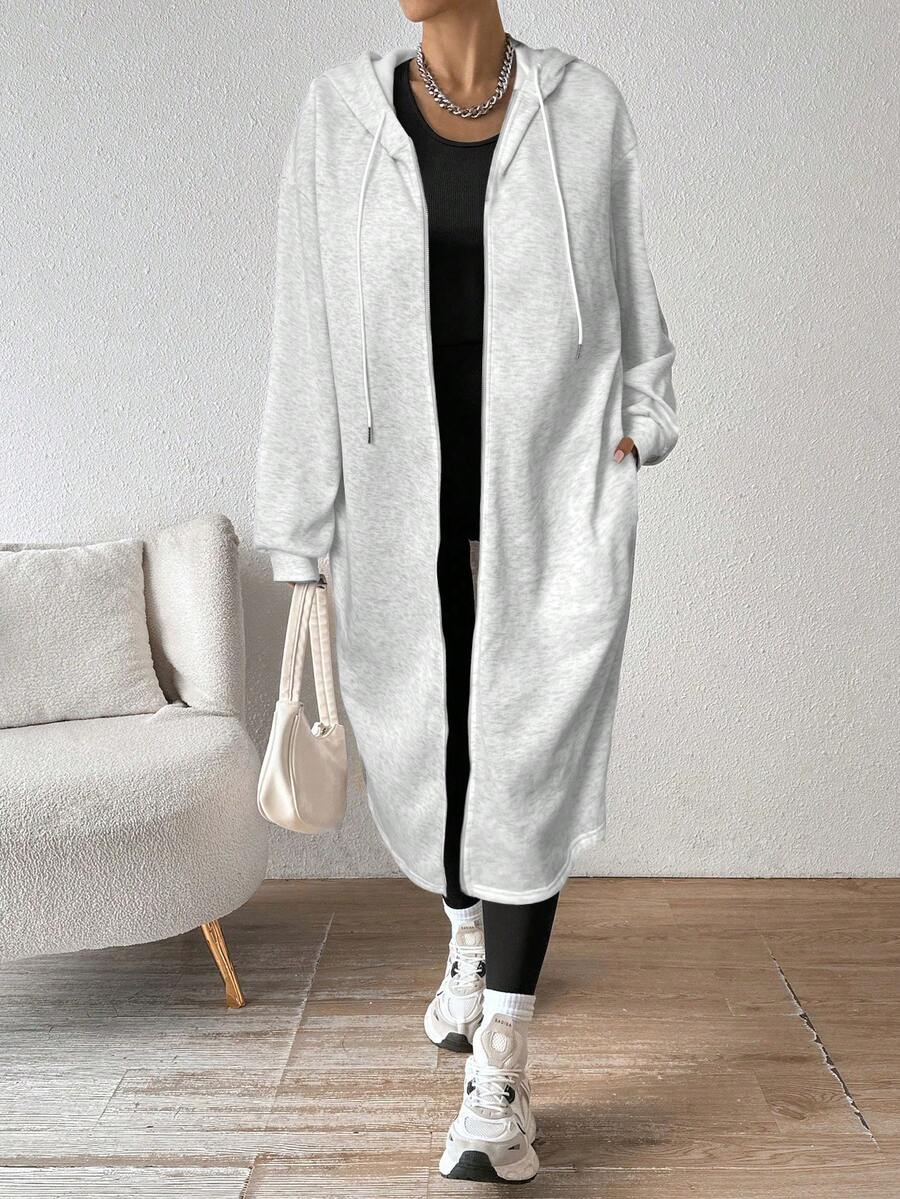 SHEIN EZwear 女士中长款连帽外套,带保暖内衬,白色和灰色,秋冬季简约休闲舒适女装 - 淺灰色 - 查看 1