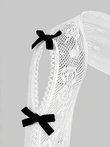 ROMWE Kawaii 1 件粉色蕾丝披肩，带蝴蝶结和袖子，适合派对和婚礼情人节 - 黑與白 - 查看 16