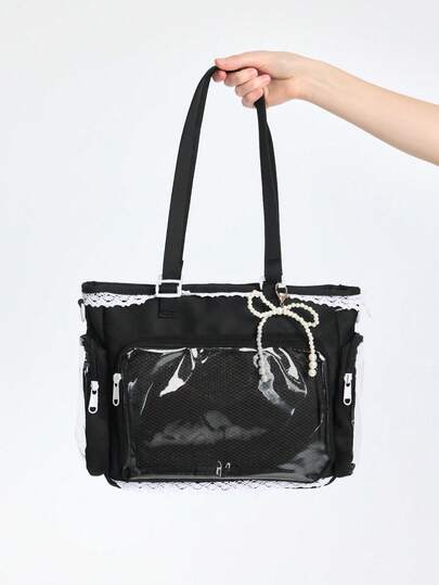 ROMWE 一款可爱日系风格女童单肩包，饰有珍珠蝴蝶结和蕾丝花边，尽显优雅气质；透明设计，适合动漫角色扮演；肩带可拆卸可调节；大容量休闲手提包，日常使用、上学、旅行皆宜；可爱时尚，女士必备。