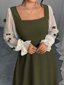 Modelyn Plus Size Women Elegant Commuter Color Block Bow Decor Midi Dress - Army Green - View 5