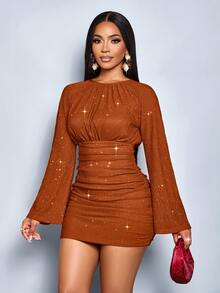 SOLERSUN Women's Elegant Long Sleeve Ruched Hem Sparkly Bodycon Sexy Mini Dress,Suitable For Christmas Party Vacation & Dating & Valentine's Day Dating - Rust Brown - View 4