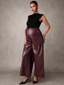MaterniChic Maternity Stylish Commuter High Waist Wide Leg Pants - Burgundy - View 6