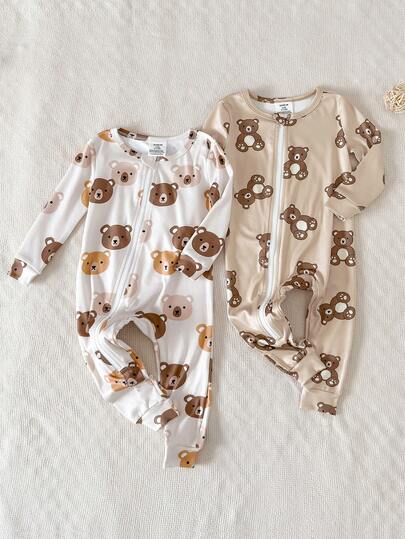 Baby Pajama Set Snug Fit Baby Boy Tight Zipper Cute Brown Bear Print 2-Pack,