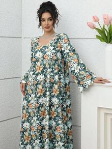 Yasmyna 优雅复古浪漫花卉珍珠装饰宽松休闲连衣裙，女士款 - 彩色 - 查看 6