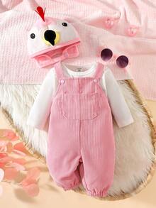 SHEIN Newborn Flamingo Pattern Embroidered Bib Overalls & Long Sleeve T-Shirt Set - Pink - View 2