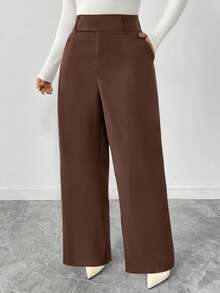 SHEIN PETITE CURVE 大码纯色纽扣休闲裤，适合通勤、秋冬季穿着 - 棕色 - 查看 5