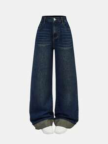 Sparklyn 1pc Classic Casual Durable Dark Blue Straight Leg Jeans For Teen GirlSmooth Comfortable Fabric, Versatile & Durable Design, Suitable For School, Commute & Multipurpose Wear, Straight Leg Fit For Spring & Autumn