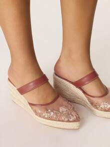 Styleloop Sandalias de plataforma con cuña de malla marrón, bordadas y tejidas con cuerda, adecuadas para fiestas, bodas, uso diario y vacaciones - Marrón - Ver 4